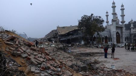 The MCD on Wednesday carried out a demolition drive over the encroached area in the vicinity of Faiz-e-Ilahi Masjid, Turkman Gate, near Ramlila Maidan. (Express Photo by Gajendra Yadav)