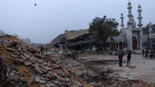 The MCD on Wednesday carried out a demolition drive over the encroached area in the vicinity of Faiz-e-Ilahi Masjid, Turkman Gate, near Ramlila Maidan. (Express Photo by Gajendra Yadav)
