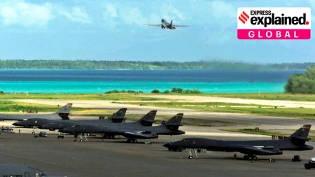 B-1B Lancer bombers and KC-10A Extenders on Diego Garcia in November 2001, during war in Afghanistan.