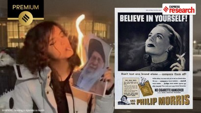 A woman lights a cigarette from a burning photograph of Iran's Ayatollah Khamenei; an ad for Phillip Morris cigarettes. (Source: X@@OOCprogresismo2/Wikimedia Commons)