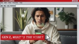 A realistic, modern editorial image of a Gen Z adult sitting indoors with a smartphone in hand, paused on a finance or investment app screen (no brand logos visible).