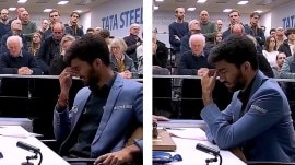 World Champion Gukesh Dommaraju reacts after resigning against Nodirbek Abdusattorov in round 6 of the Tata Steel Chess tournament in Wijk aan Zee. (Screengrabs via Chessbase India)
