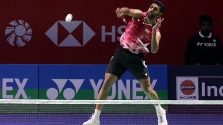 Men's singles shuttler HS Prannoy in action at the India Open Super 750. ( Express Photo by Amit Mehra)