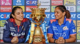 Smriti Mandhana (left) and Harmanpreet Kaur during the Women's Premier League press conference ahead of WPL 2026. (PHOTO: WPL via X)