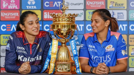 Smriti Mandhana (left) and Harmanpreet Kaur during the Women's Premier League press conference ahead of WPL 2026. (PHOTO: WPL via X)