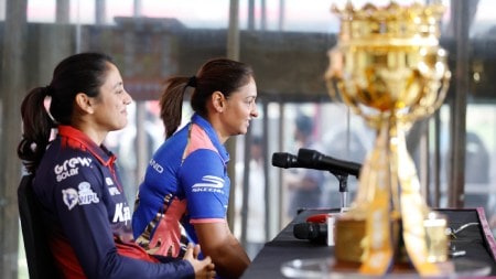 Smriti Mandhana (left) and Harmanpreet Kaur during the Women's Premier League press conference ahead of WPL 2026. (PHOTO: WPL via X)