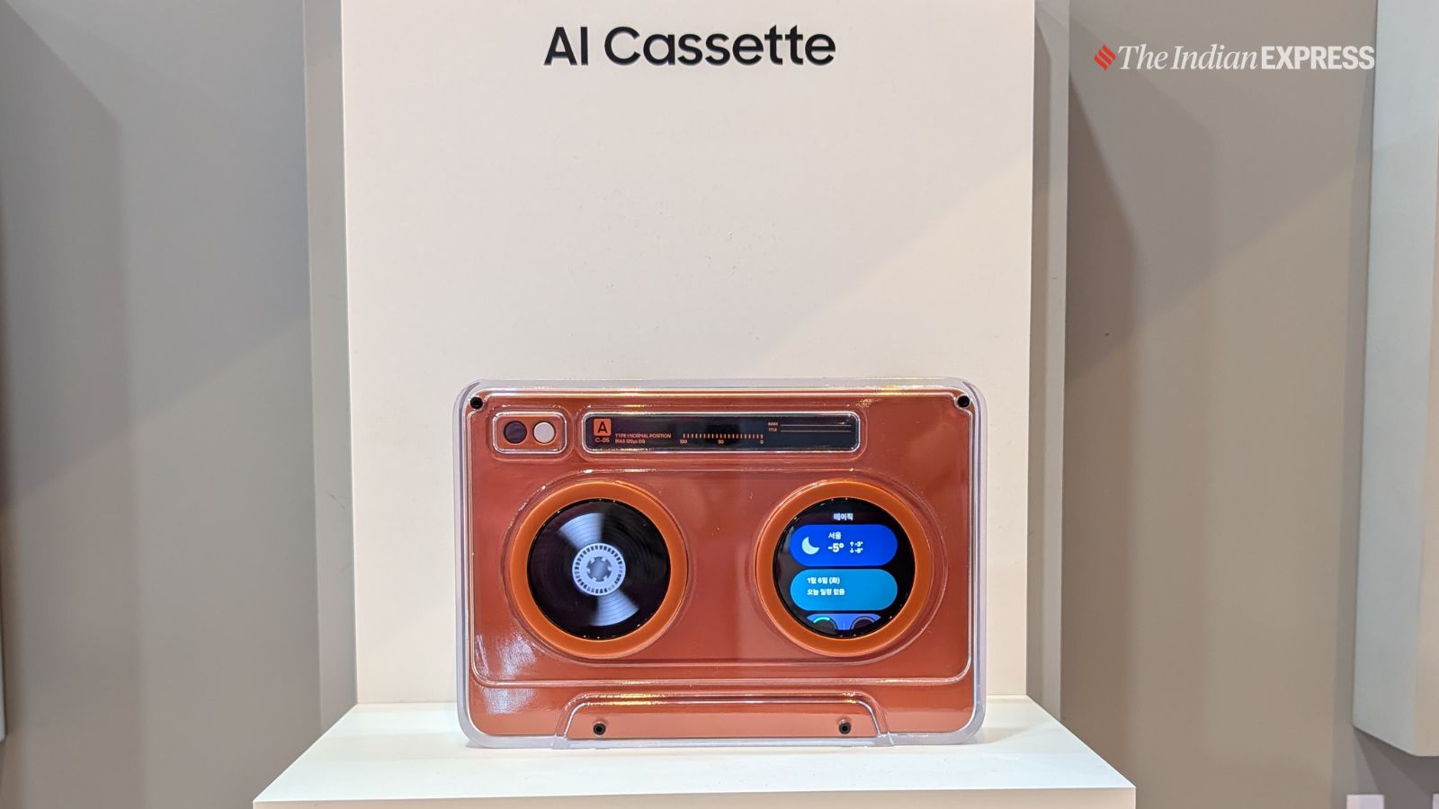 Samsung Display further presented display-equipped AI speaker concepts, including the AI OLED Mood Lamp, which adjusts lighting based on music, along with retro-infused devices such as the AI OLED Cassette and AI OLED Turntable(Image: The Indian Express/ Anuj Bhatia)