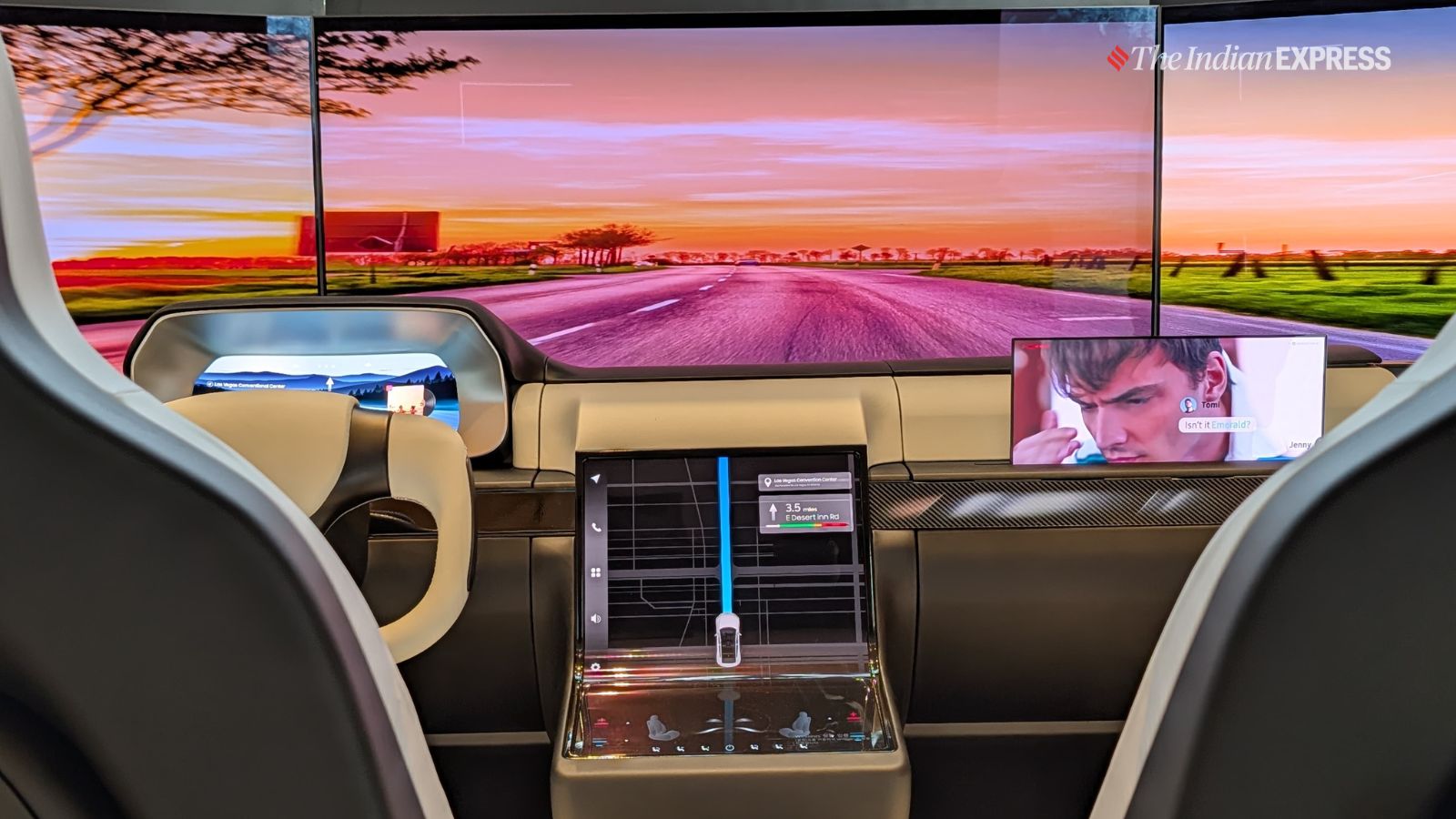 There was also a Digital Cockpit concept featuring flexible centre displays, passenger screens, rear-seat entertainment displays, and OLED tail lamps that maintain visibility even in bright sunlight(Image: The Indian Express/ Anuj Bhatia)