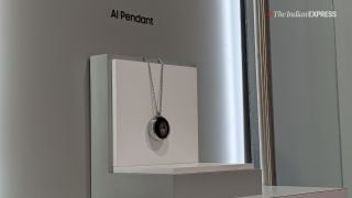 One concept that drew huge interest was the Samsung AI OLED Pendant, designed to be worn like a necklace and seen as a potential replacement for smartphones one day.(Image: The Indian Express/ Anuj Bhatia)