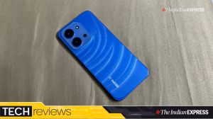 The Redmi 15C features a huge 6.9 inch display with a sparkly blue back glass(Image: The Indian Express/ Ajay Hanje)