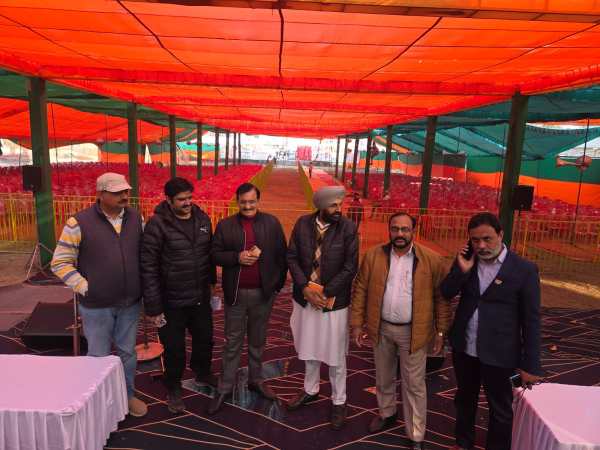 BJP leaders at the rally venue on Malaut road, district Sri Muktsar Sahib.