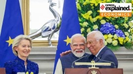 Prime Minister Narendra Modi, European Commission President Ursula von der Leyen and European Council President António Costa at Hyderabad House in New Delhi.