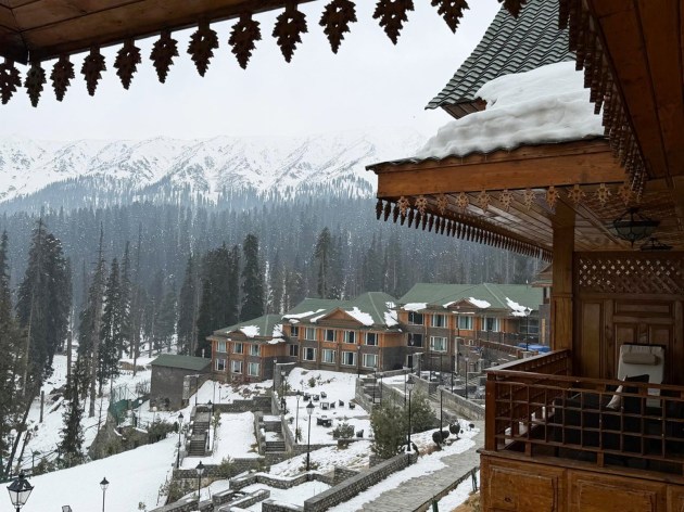 A view of snow from a ski resort in Gulmarg on Wednesday, as the hill station recorded the lowest temperatures in the region amid clear skies. (ANI Photo)