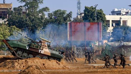 Jaipur: Army personnel showcase combat skills during the ‘Know Your Army’ exhibition ahead of 78th Army Day, in Jaipur, Monday, Jan. 12, 2026. (PTI Photo)