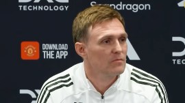 Interim Manchester United manager Darren Fletcher at a press conference on Wednesday. (Screengrab via YouTube)
