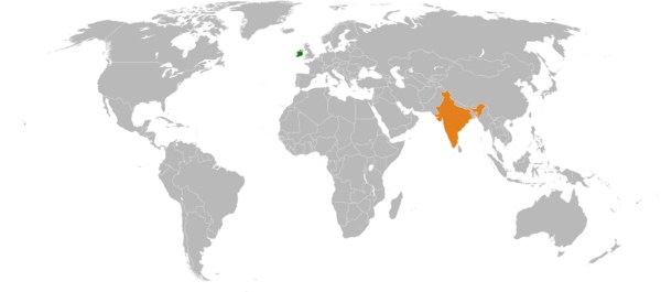 A map showing locations of India and Ireland. 