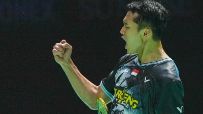 Jonatan Christie of Indonesia celebrating his semifinals win against Loh Kean Yew of the Yonex Sunrise India Open 2026. (Photo: BAI)