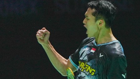 Jonatan Christie of Indonesia celebrating his semifinals win against Loh Kean Yew of the Yonex Sunrise India Open 2026. (Photo: BAI)