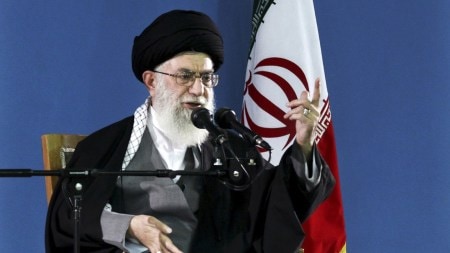Iranian supreme leader Ayatollah Ali Khamenei delivers a speech.