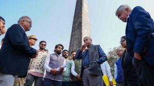 Elgaar Parishad: The two member Koregaon Bhima Commission of Inquiry at ‘Jaystambh'. (Express Photo/Arul Horizon)