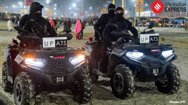 Uttar Pradesh (UP) Police personnel and security forces are deployed along the Sangam ghats to manage pilgrim movement on the opening day of the Magh Mela
