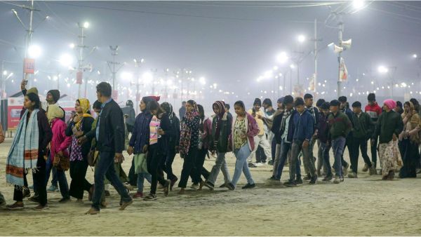 An aerial view of boats anchored at the Sangam on the eve of the Paush Purnima snan during the Magh Mela, in Prayagraj, Friday. PTI