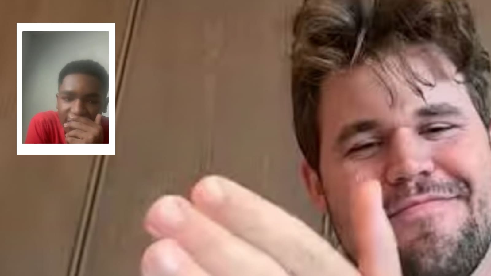 World No 1 Magnus Carlsen applauds Jacorey Bynum (inset), after the young American player checkmated him in a Titled Tuesday game. (Screengrab via Chess24 YouTube)