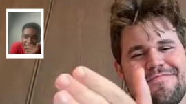 World No 1 Magnus Carlsen applauds Jacorey Bynum (inset), after the young American player checkmated him in a Titled Tuesday game. (Screengrab via Chess24 YouTube)