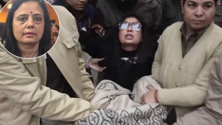 Delhi Police on Thursday detained Trinamool Congress MP Mahua Moitra during a protest outside Union Home Minister Amit Shah’s office. (PTI Photo)