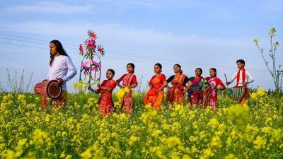Tribal people perform a dance ahead of the 'Tusu' festival, also called 'Makar Sankranti', in Nadia, Tuesday, Jan. 13, 2026. (PTI Photo)