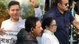 CM Mamata Banerjee arrives for a rally to protest against the ED raid at IPAC offices. (Express Photo/Partha Paul)