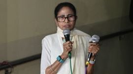 Mamata Banerjee express photo ED Raids I-PAC: CM Mamata Banerjee at the I-PAC office housed in the Godrej Waterside building, in Salt Lake Sector V on Thursday. (Express photo by Partha Paul)