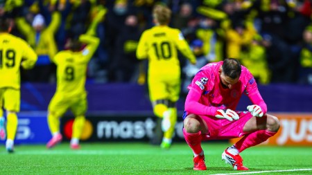 Manchester City goalkeeper Gianluigi Donnarumma after letting in a goal during the Champions League soccer match between Bodo/Glimt and Manchester City in Bodo, Norway. (NTB via AP)