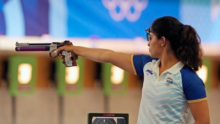 FILE PHOTO: Indian shooter Manu Bhaker in action. (PHOTO: AP)
