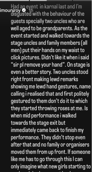 Mouni Roy Mouni Roy denounces harassment at Haryana wedding and says that some elders put their hands on her waist and made lewd gestures at her: 