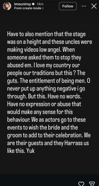 Mouni Roy Mouni Roy denounces harassment at Haryana wedding and says that some elders put their hands on her waist and made lewd gestures at her: 