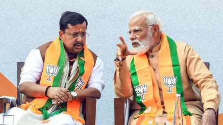 Prime Minister Narendra Modi in conversation with newly elected BJP national president Nitin Nabin. (ANI Photo)