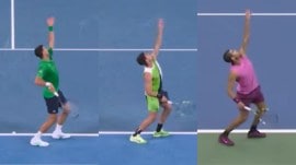 Looking at three images side-by-side – Djokovic and Alcaraz serving in Melbourne this week, and Alcaraz serving at the US Open – the differences are clear. And so is the inspiration, especially with the curled-up right wrist. (PHOTO: Screengrabs)