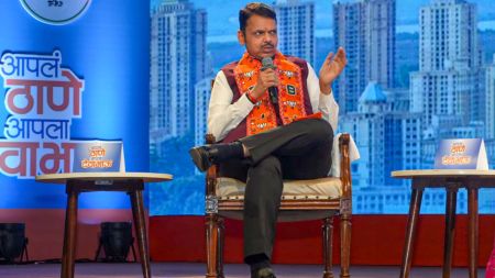 Maharashtra Chief Minister Devendra Fadnavis speaks during an interview on Thane's development at Ram Ganesh Gadkari Rangayatan ahead of the Thane Municipal Corporation elections, in Thane, Maharashtra, Wednesday, Jan. 7, 2026. (PTI Photo)