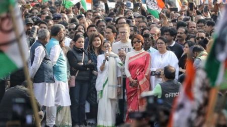 CM Mamata Banerjee at a rally in Kolkata on Friday against the ED raids at I-PAC offices. (Express photo by Partha Paul)