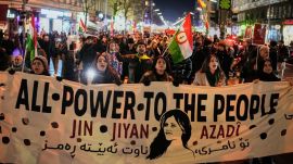Protesters participate in a demonstration in support of the nationwide mass protests in Iran against the government, in Berlin, Germany, Wednesday, Jan. 14, 2026. (AP Photo)