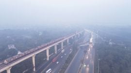 An aerial view from Dhaula kuan as a thick layer of dense fog amid the ongoing cold wave, in New Delhi on Monday. (Photo/ANI)