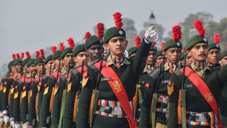 Rehearsal underway for the 77th Republic Day parade, at Kartavya Path in New Delhi on Tuesday. (ANI Photo)
