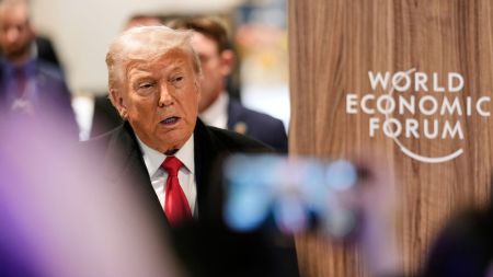 President Donald Trump talks to media after a meeting during the Annual Meeting of the World Economic Forum in Davos, Switzerland, Wednesday, Jan. 21, 2026. (AP Photo)