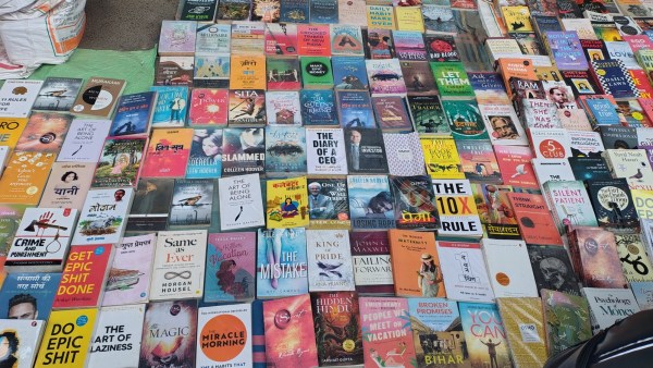 A pavement book stall outside the World Book Fair. 
