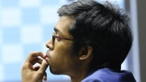 India's R Praggnanandhaa thinks about his next move during a game in Tata Steel Chess India in Kolkata. (Express photo by Partha Paul)