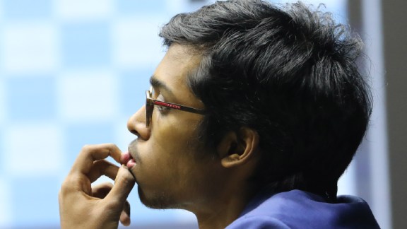 India's R Praggnanandhaa thinks about his next move during a game in Tata Steel Chess India in Kolkata. (Express photo by Partha Paul)