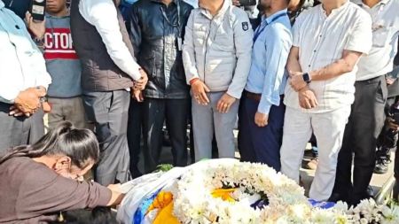 Family members and relatives pay their last respects as the mortal remains of Prashant Tamang arrive in his hometown Darjeeling. (Express Photo)
