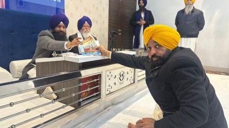 A photo released by the Akal Takht showed Jathedar Giani Kuldeep Singh Gargaj and Jathedar Giani Tek Singh of Takht Sri Damdama Sahib presenting Mann with a copy of the monthly Gurdwara Gazette and Sikh Code of Conduct. (Express Photo)