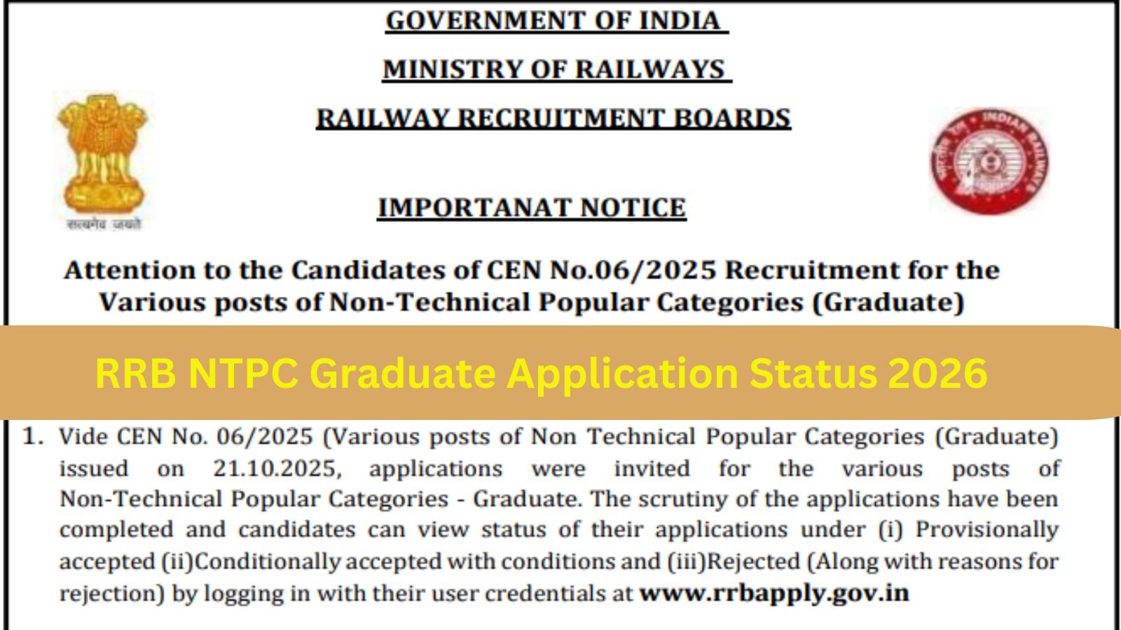 RRB NTPC Graduate 2026: Application status for 5810 vacancies out